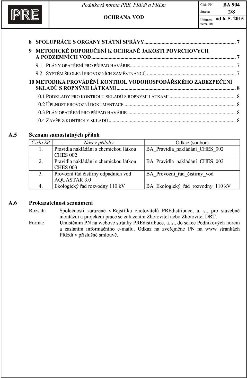 .. 8 10.4 ZÁVĚR Z KONTROLY SKLADŮ... 8 A.5 Seznam samostatných příloh Číslo SP Název přílohy Odkaz (soubor) 1. Pravidla nakládání s chemickou látkou BA_Pravidla_nakládání_CHES_002 CHES 002 2.