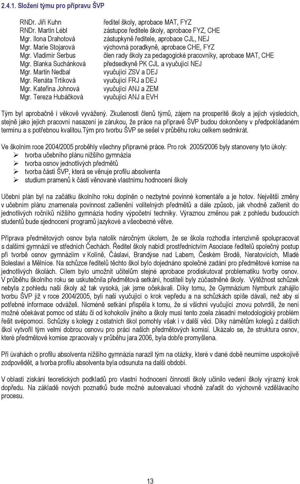 Tereza Hubáčková ředitel školy, aprobace MAT, FYZ zástupce ředitele školy, aprobace FYZ, CHE zástupkyně ředitele, aprobace CJL, NEJ výchovná poradkyně, aprobace CHE, FYZ člen rady školy za