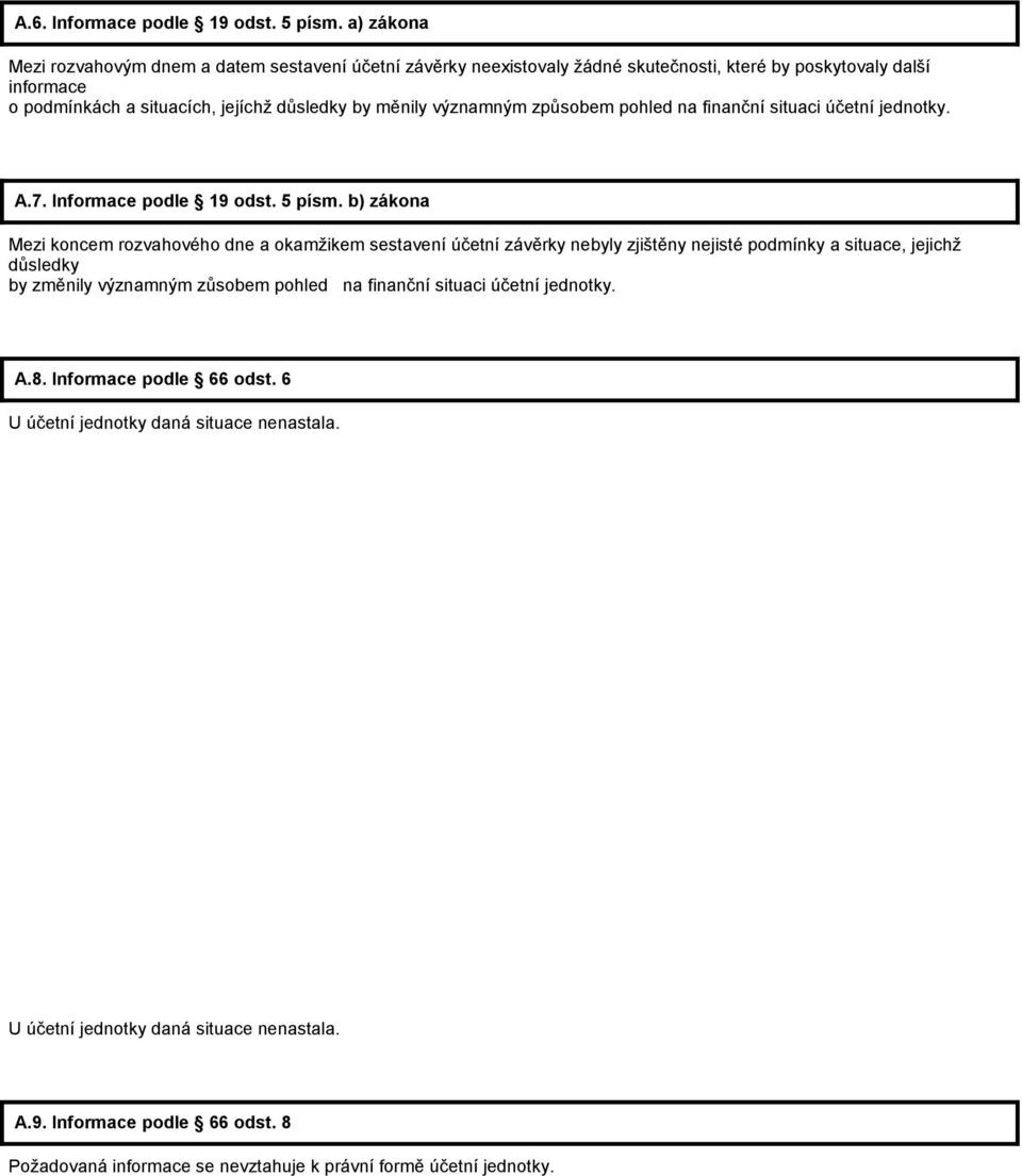 významným způsobem pohled na finanční situaci účetní jednotky. A.7. Informace podle 19 odst. 5 písm.