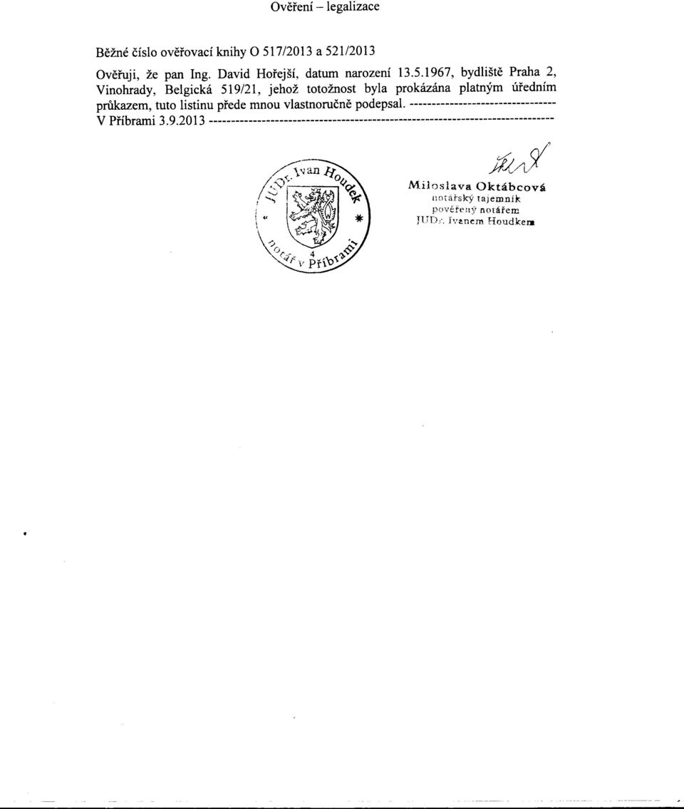 1967, bydlište Praha 2, Vinohrady, Belgická 519/21, jehož totožnost byla prokázána platným úredním prukazem, tuto listinu