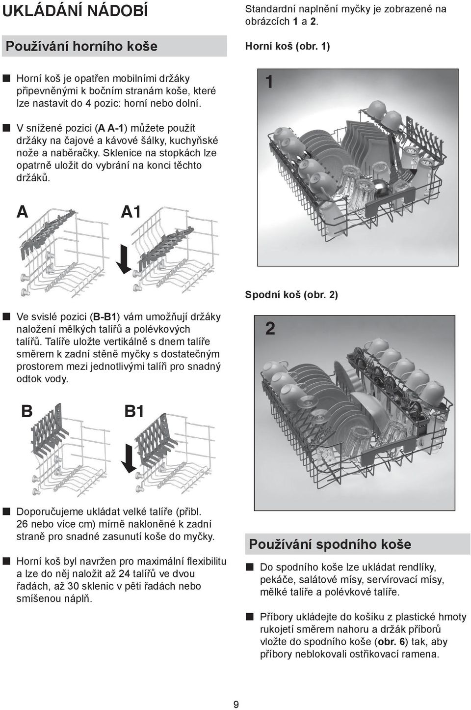 Sklenice na stopkách lze opatrně uložit do vybrání na konci těchto držáků. A A1 Spodní koš (obr. 2) p Ve svislé pozici (B-B1) vám umožňují držáky naložení mělkých talířů a polévkových talířů.