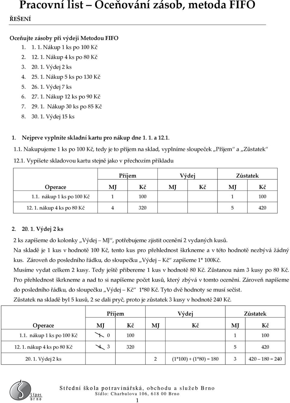 1. Vypíšete skladovou kartu stejně jako v přechozím příkladu 1.1. nákup 1 ks po 100 Kč 1 100 1 100 12. 1. nákup 4 ks po 80 Kč 4 320 5 420 2. 20. 1. Výdej 2 ks 2 ks zapíšeme do kolonky Výdej MJ, potřebujeme zjistit ocenění 2 vydaných kusů.