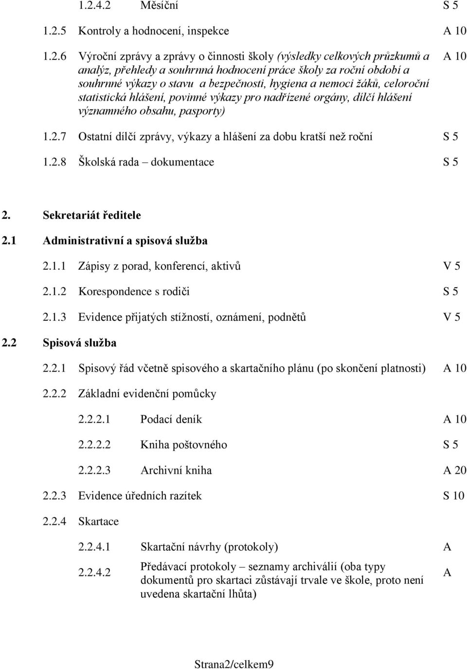 7 Ostatní dílčí zprávy, výkazy a hlášení za dobu kratší než roční S 5 1.2.8 Školská rada dokumentace S 5 2. Sekretariát ředitele 2.1 Administrativní a spisová služba 2.1.1 Zápisy z porad, konferencí, aktivů V 5 2.