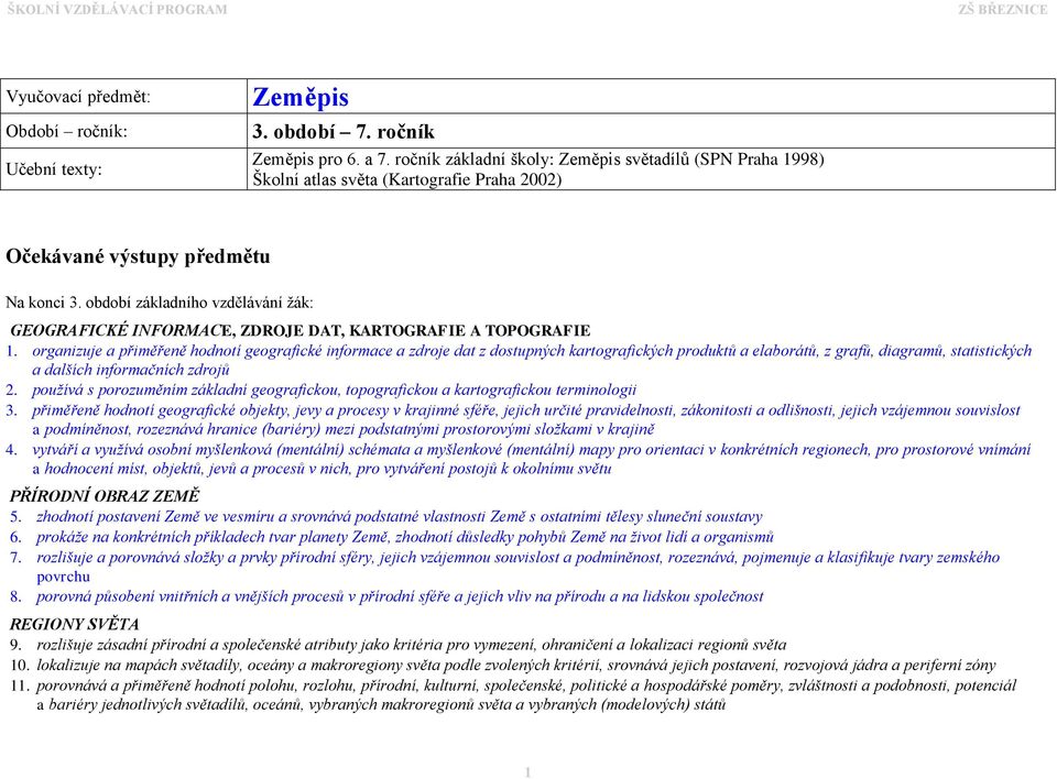 období základního vzdělávání žák: GEOGRAFICKÉ INFORMACE, ZDROJE DAT, KARTOGRAFIE A TOPOGRAFIE 1.