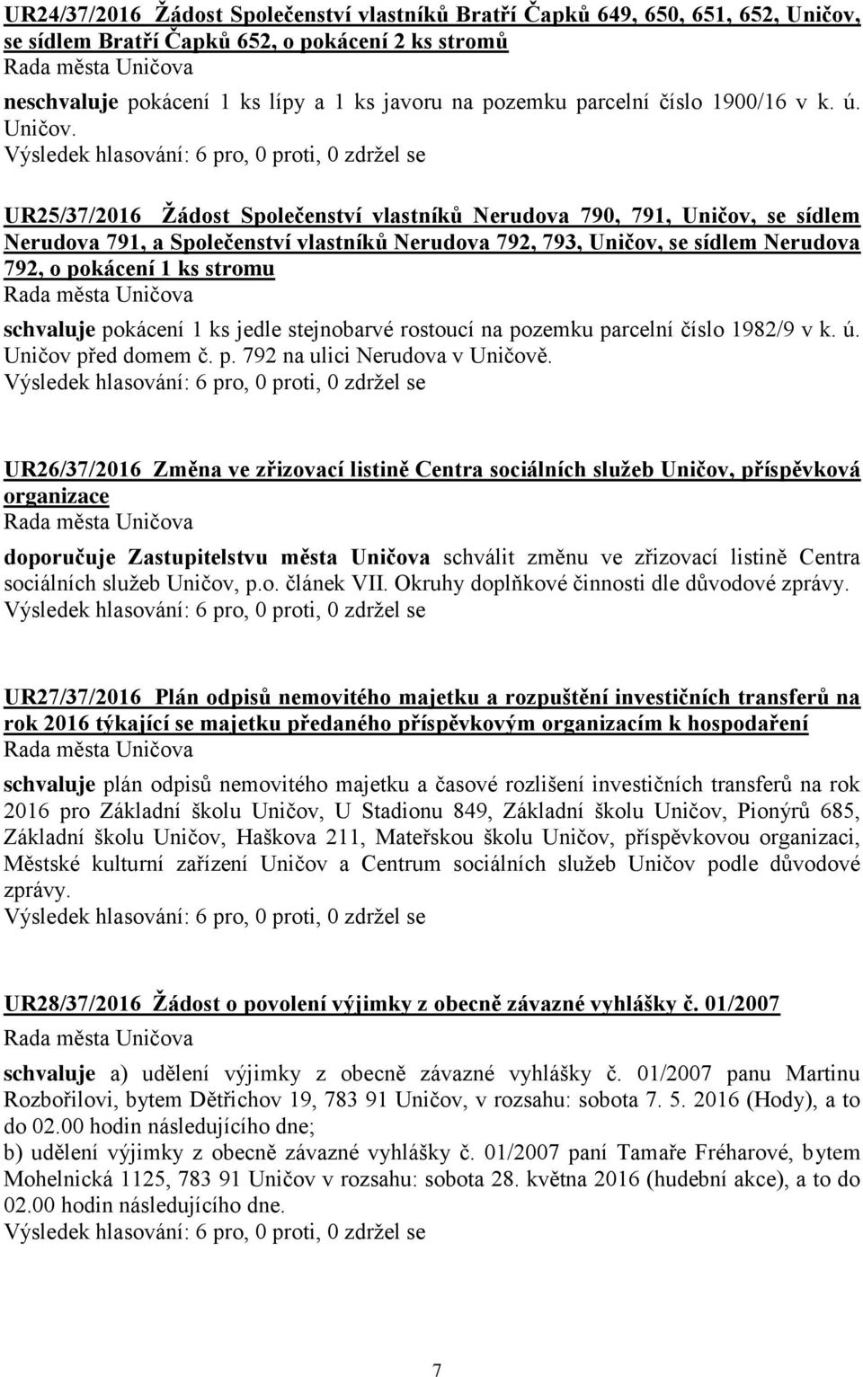 UR25/37/2016 Žádost Společenství vlastníků Nerudova 790, 791, Uničov, se sídlem Nerudova 791, a Společenství vlastníků Nerudova 792, 793, Uničov, se sídlem Nerudova 792, o pokácení 1 ks stromu