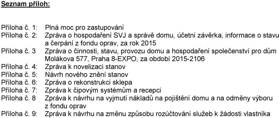 3 Zpráva o činnosti, stavu, provozu domu a hospodaření společenství pro dům Molákova 577, Praha 8-EXPO, za období 2015-2106 Příloha č.