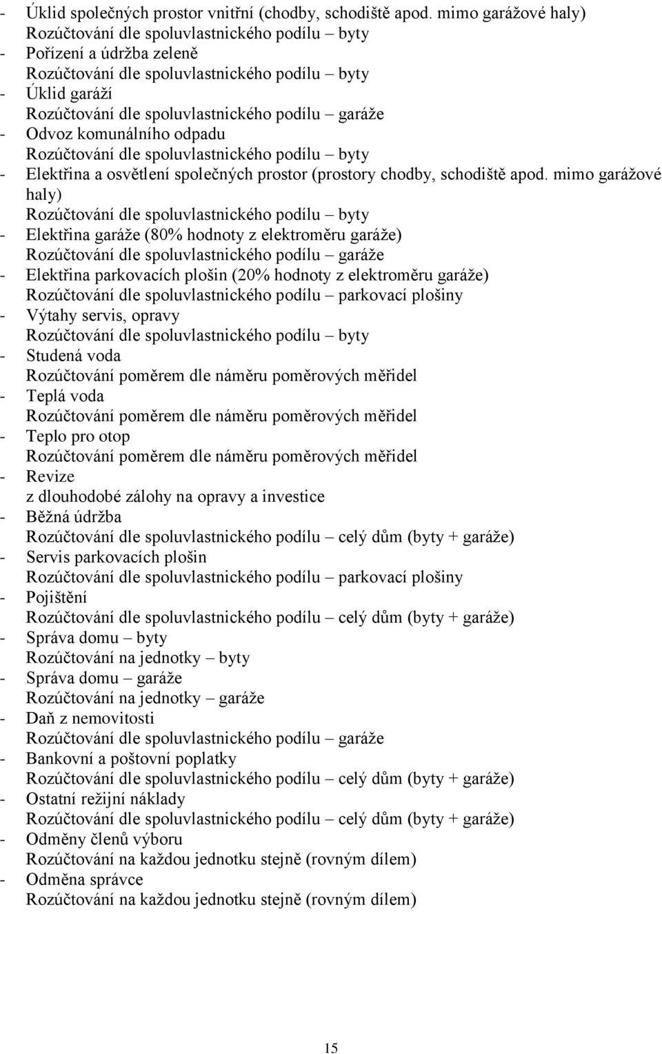 garáže - Odvoz komunálního odpadu Rozúčtování dle spoluvlastnického podílu byty - Elektřina a osvětlení společných prostor (prostory chodby, schodiště apod.