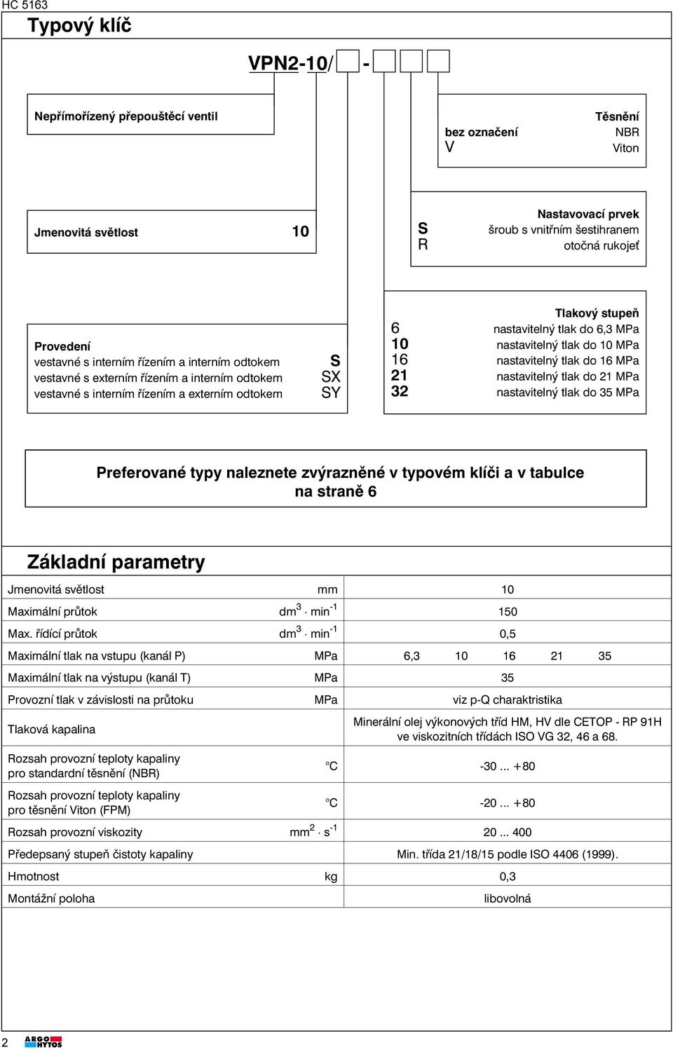 nastavitelný tlak do 10 MPa 16 nastavitelný tlak do 16 MPa 21 nastavitelný tlak do 21 MPa 32 nastavitelný tlak do 35 MPa Preferované typy naleznete zvýrazněné v typovémklíči a v tabulce na straně 6