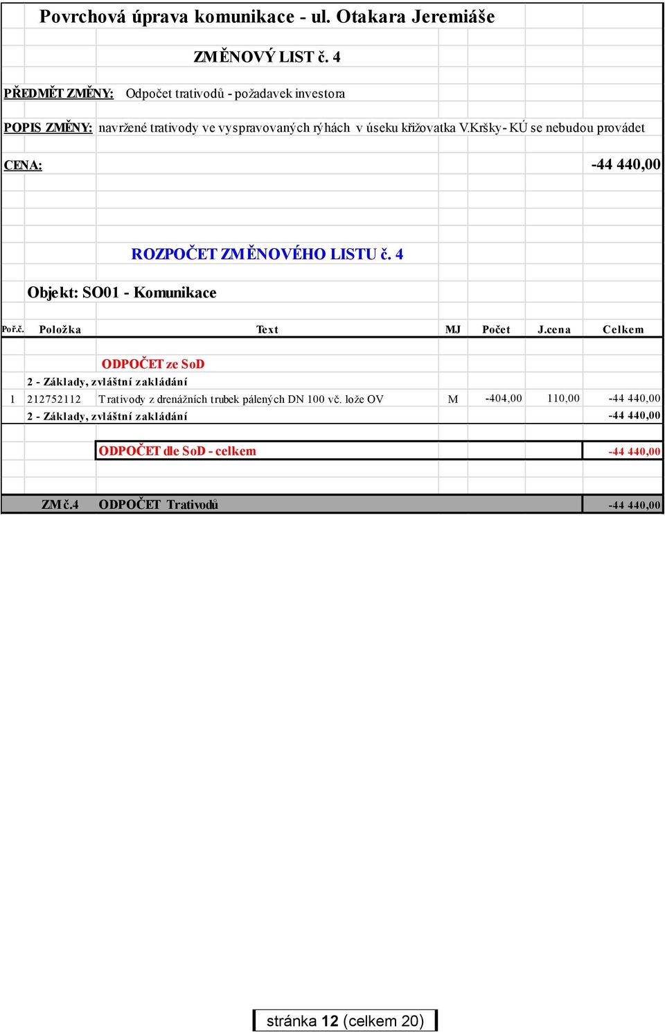 Kršky- KÚ se nebudou provádet CENA: -44 440,00 Objekt: SO01 - Komunikace ROZPOČET ZMĚNOVÉHO LISTU č. 4 Poř.č. Položka Text MJ Počet J.