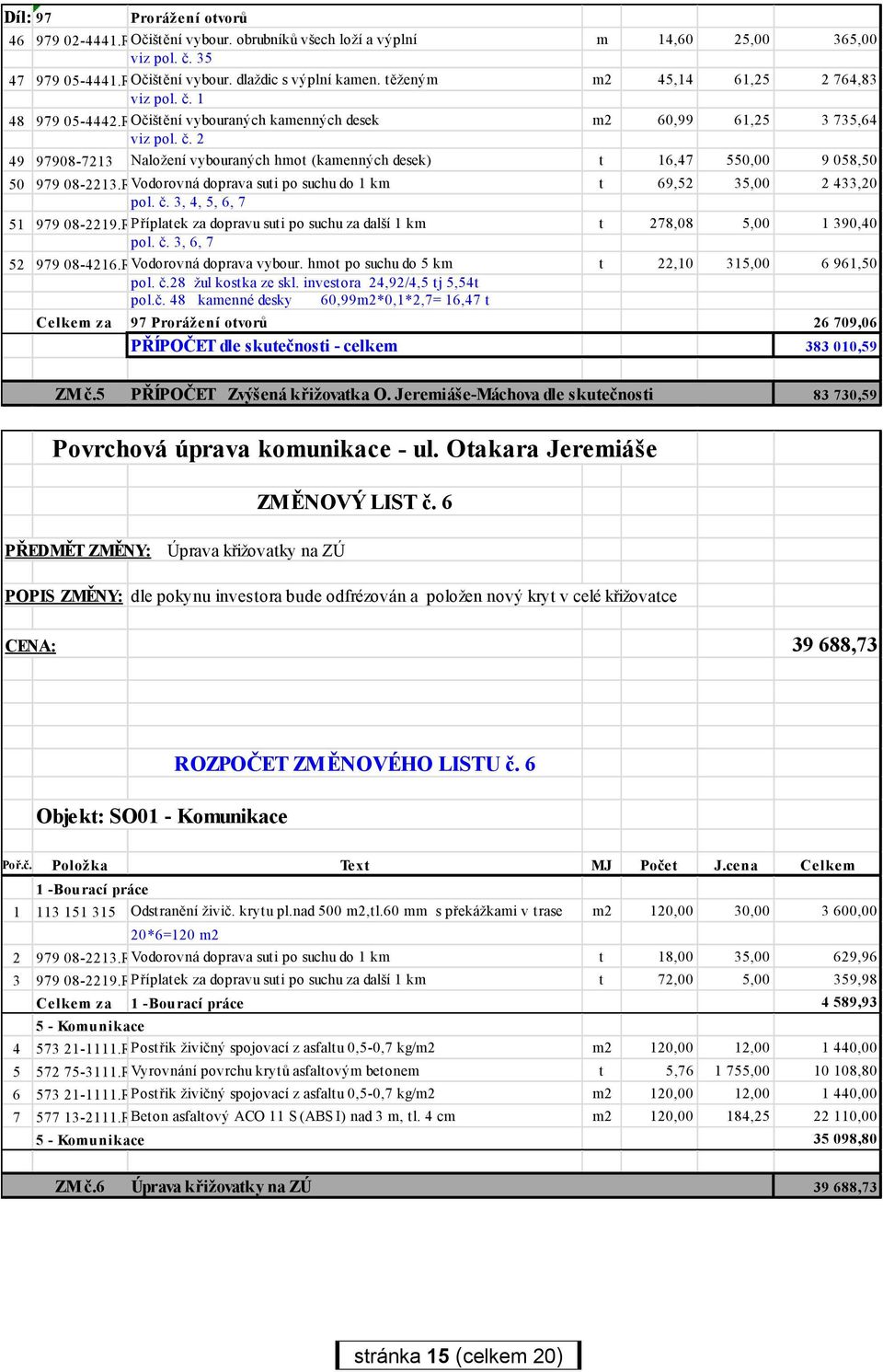 R00 Vodorovná doprava suti po suchu do 1 km t 69,52 35,00 2 433,20 pol. č. 3, 4, 5, 6, 7 51 979 08-2219.R00 Příplatek za dopravu suti po suchu za další 1 km t 278,08 5,00 1 390,40 pol. č. 3, 6, 7 52 979 08-4216.