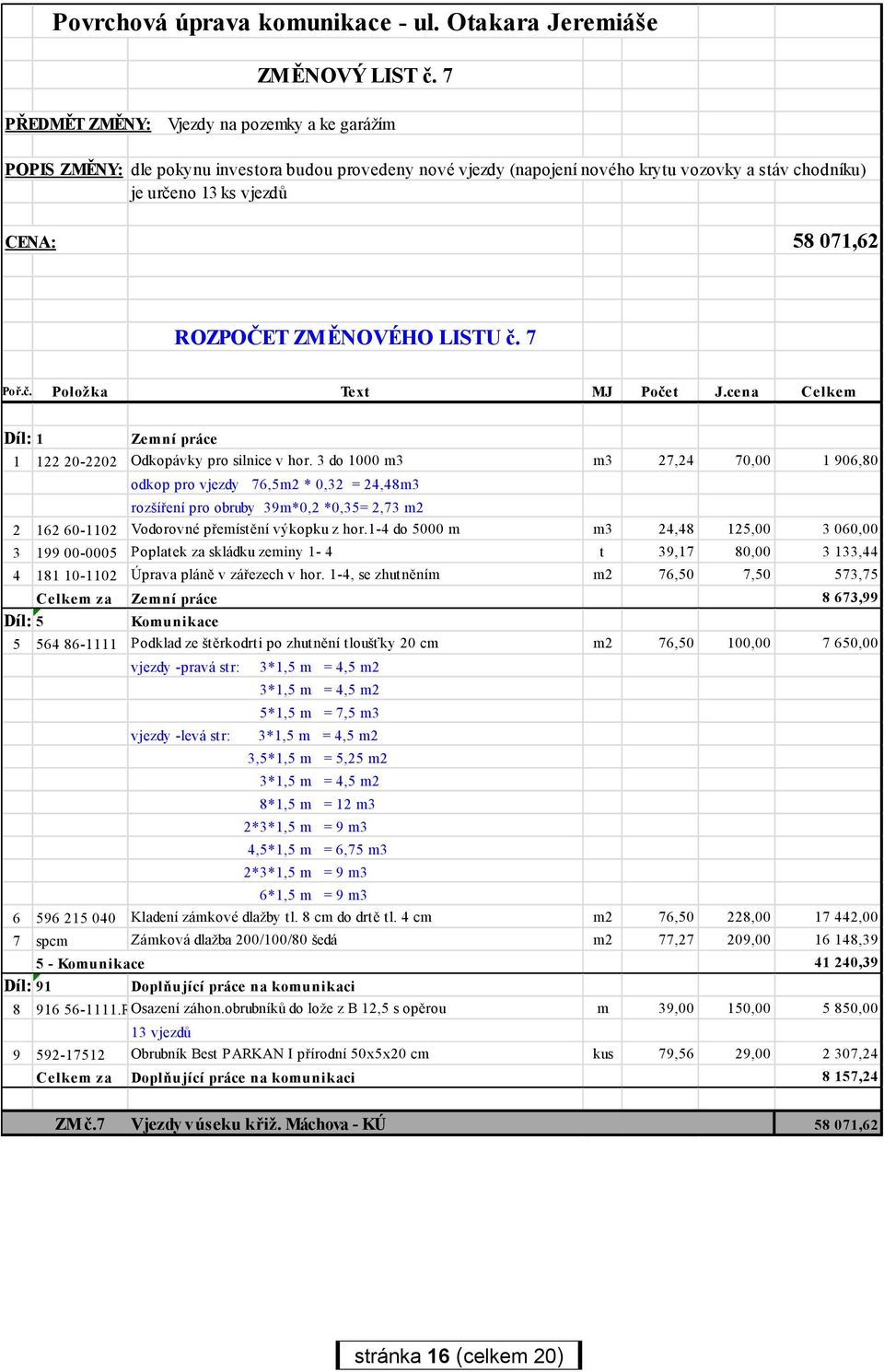 ROZPOČET ZMĚNOVÉHO LISTU č. 7 Poř.č. Položka Text MJ Počet J.cena Celkem Díl: 1 Zemní práce 1 122 20-2202 Odkopávky pro silnice v hor.