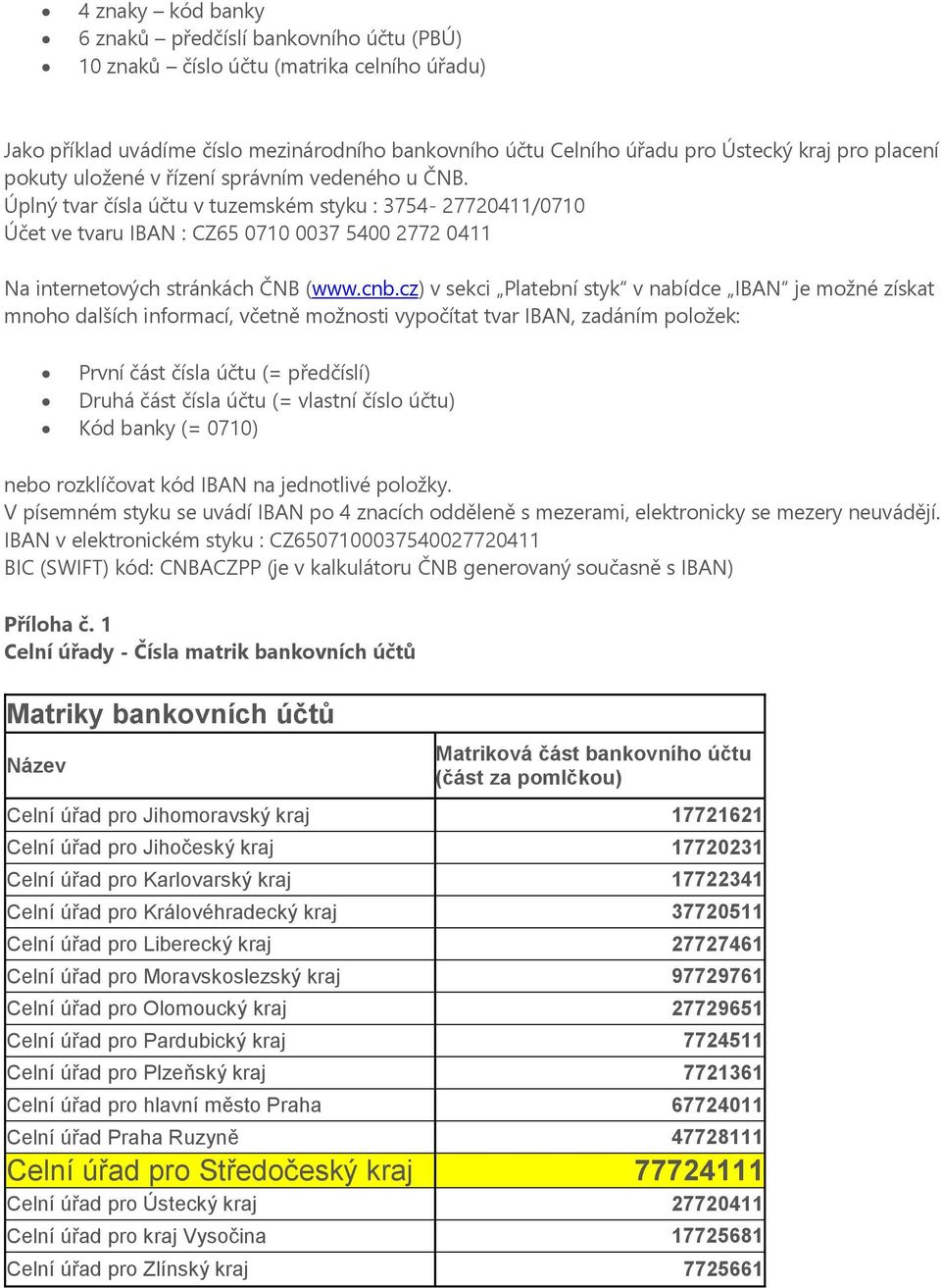 Úplný tvar čísla účtu v tuzemském styku : 3754-27720411/0710 Účet ve tvaru IBAN : CZ65 0710 0037 5400 2772 0411 Na internetových stránkách ČNB (www.cnb.