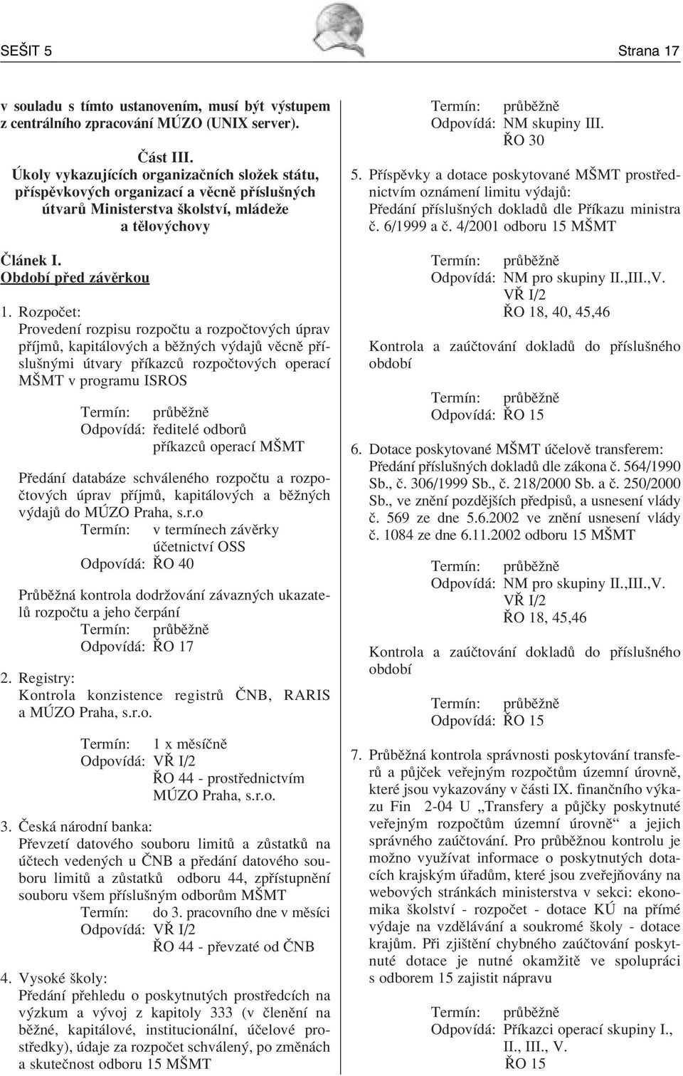 RozpoËet: ProvedenÌ rozpisu rozpoëtu a rozpoëtov ch prav p Ìjm, kapit lov ch a bïûn ch v daj vïcnï p Ìsluön mi tvary p Ìkazc rozpoëtov ch operacì MäMT v programu ISROS TermÌn: pr bïûnï OdpovÌd :