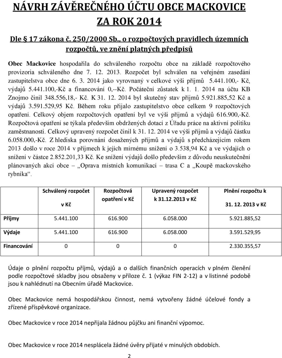 Rozpočet byl schválen na veřejném zasedání zastupitelstva obce dne 6. 3. 2014 jako vyrovnaný v celkové výši příjmů 5.441.100,- Kč, výdajů 5.441.100,-Kč a financování 0,--Kč. Počáteční zůstatek k 1.