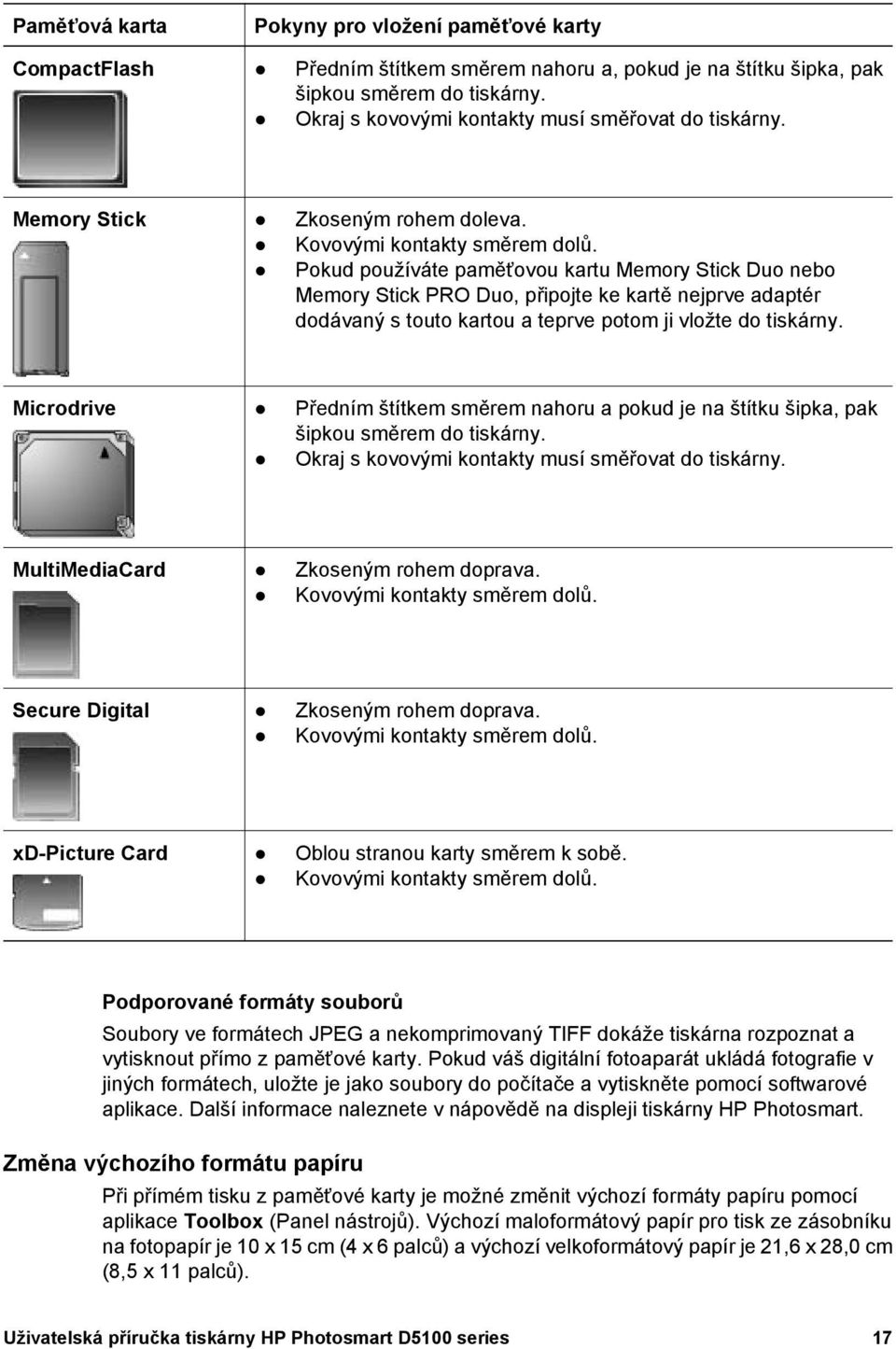 Pokud používáte paměťovou kartu Memory Stick Duo nebo Memory Stick PRO Duo, připojte ke kartě nejprve adaptér dodávaný s touto kartou a teprve potom ji vložte do tiskárny.