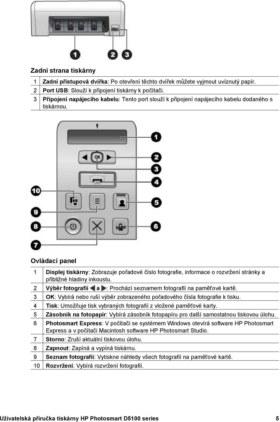 Ovládací panel 1 Displej tiskárny: Zobrazuje pořadové číslo fotografie, informace o rozvržení stránky a přibližné hladiny inkoustu.