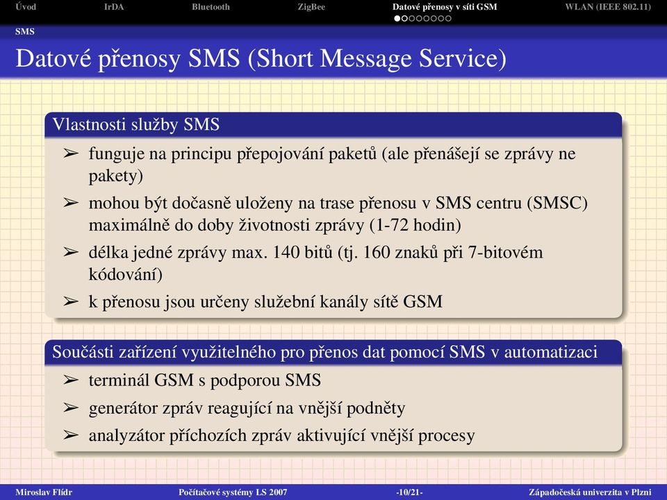 160 znaků při 7-bitovém kódování) k přenosu jsou určeny služební kanály sítě GSM Součásti zařízení využitelného pro přenos dat pomocí SMS v automatizaci terminál