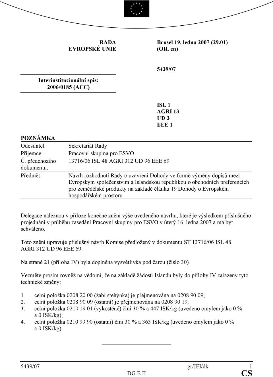 společenstvím a Islandskou republikou o obchodních preferencích pro zemědělské produkty na základě článku 19 Dohody o Evropském hospodářském prostoru Delegace naleznou v příloze konečné znění výše