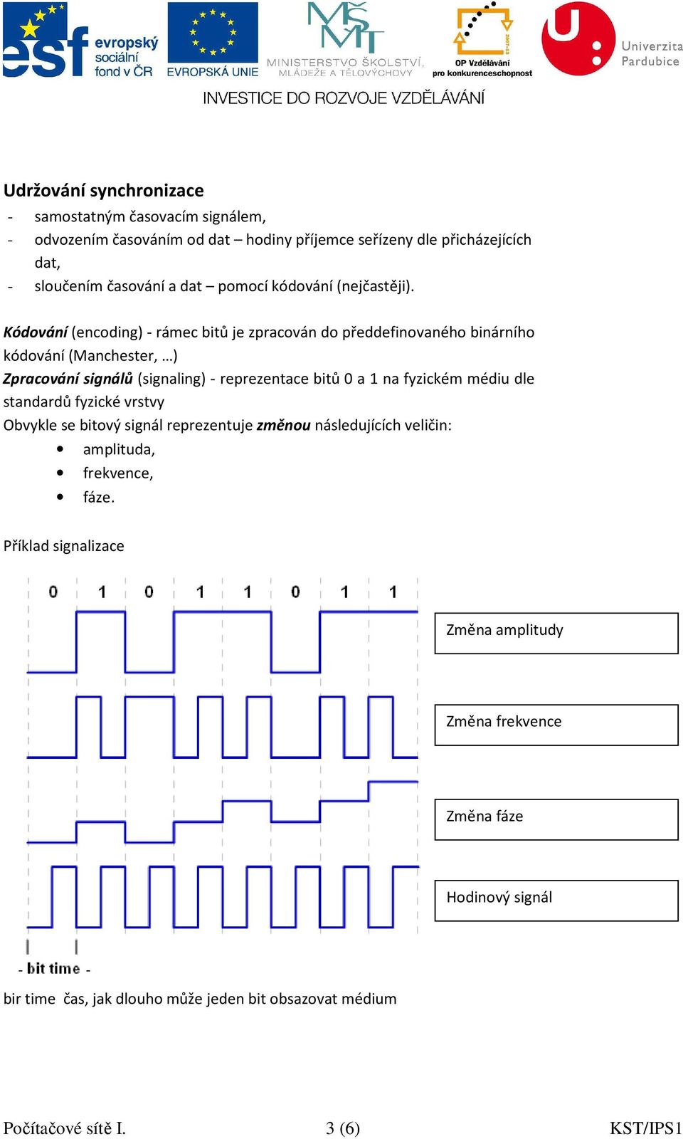 Kódování (encoding) - rámec bitů je zpracován do předdefinovaného binárního kódování (Manchester, ) Zpracování signálů (signaling) - reprezentace bitů 0 a 1 na