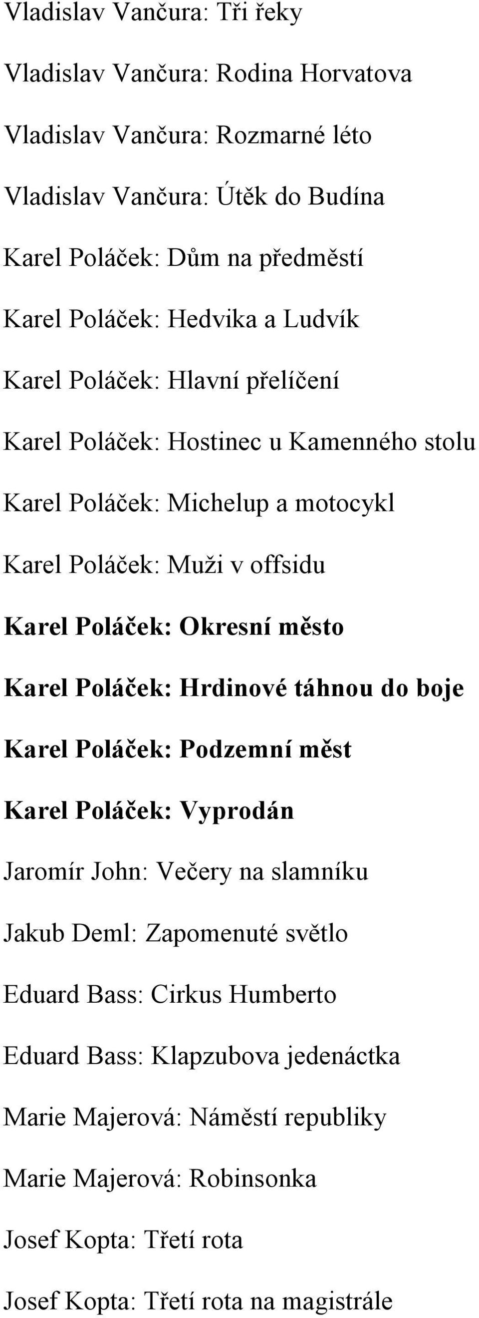 Poláček: Okresní město Karel Poláček: Hrdinové táhnou do boje Karel Poláček: Podzemní měst Karel Poláček: Vyprodán Jaromír John: Večery na slamníku Jakub Deml: Zapomenuté