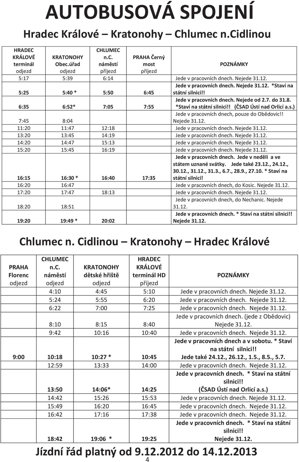 s.) 7:45 8:04 Jede v pracovních dnech, pouze do Obìdovic!! Nejede 31.12. 11:20 11:47 12:18 Jede v pracovních dnech. Nejede 31.12. 13:20 13:45 14:19 Jede v pracovních dnech. Nejede 31.12. 14:20 14:47 15:13 Jede v pracovních dnech.