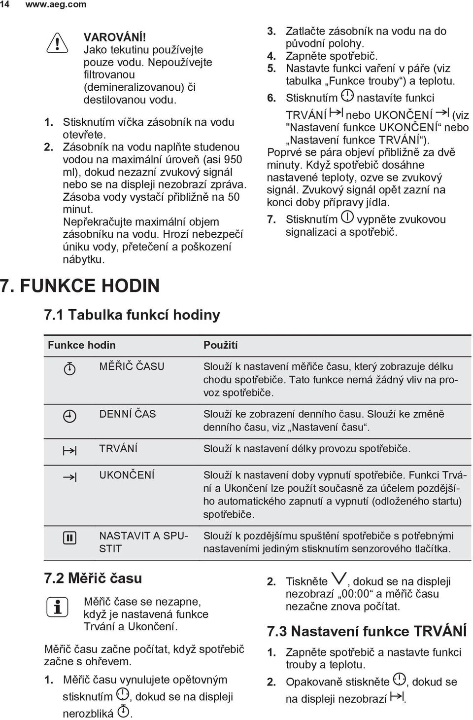 Nepřekračujte maximální objem zásobníku na vodu. Hrozí nebezpečí úniku vody, přetečení a poškození nábytku. 7. FUNKCE HODIN 3. Zatlačte zásobník na vodu na do původní polohy. 4. Zapněte spotřebič. 5.