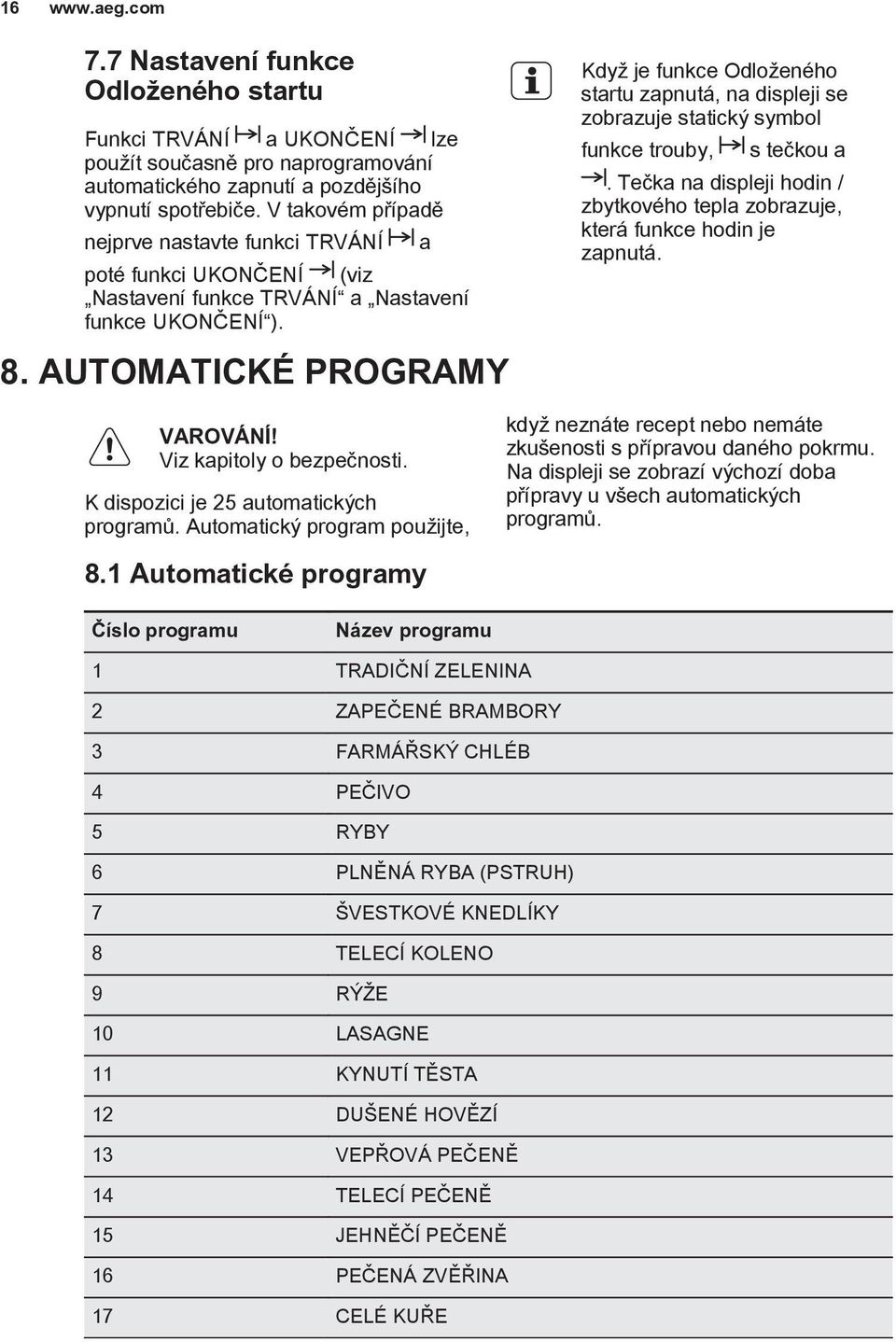 AUTOMATICKÉ PROGRAMY a Když je funkce Odloženého startu zapnutá, na displeji se zobrazuje statický symbol funkce trouby, s tečkou a.