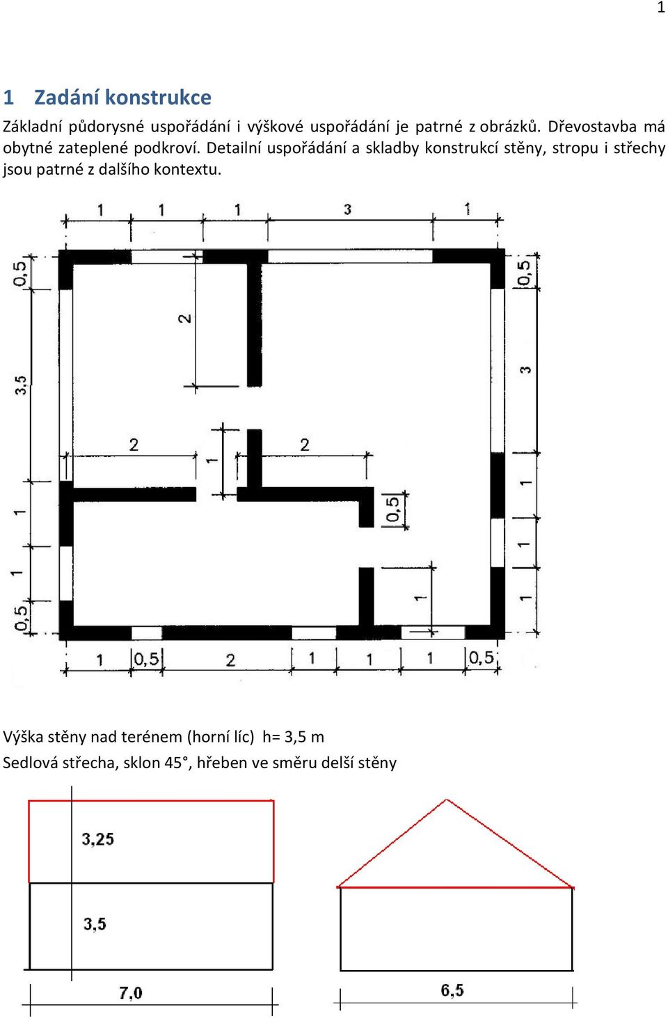 Detailní uspořádání a skladby konstrukcí stěny, stropu i střechy jsou patrné z