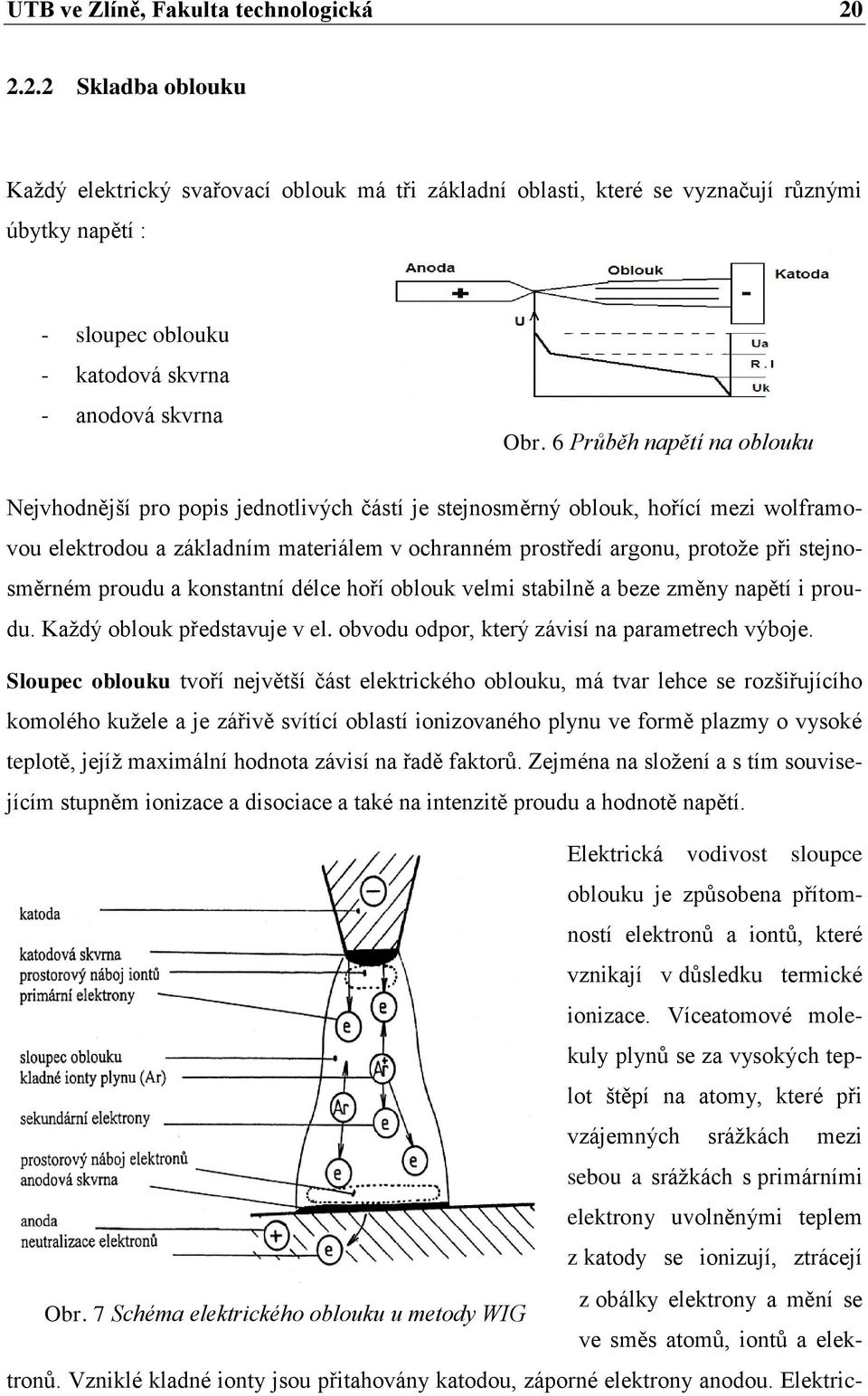 6 Průběh napětí na oblouku Nejvhodnější pro popis jednotlivých částí je stejnosměrný oblouk, hořící mezi wolframovou elektrodou a základním materiálem v ochranném prostředí argonu, protože při