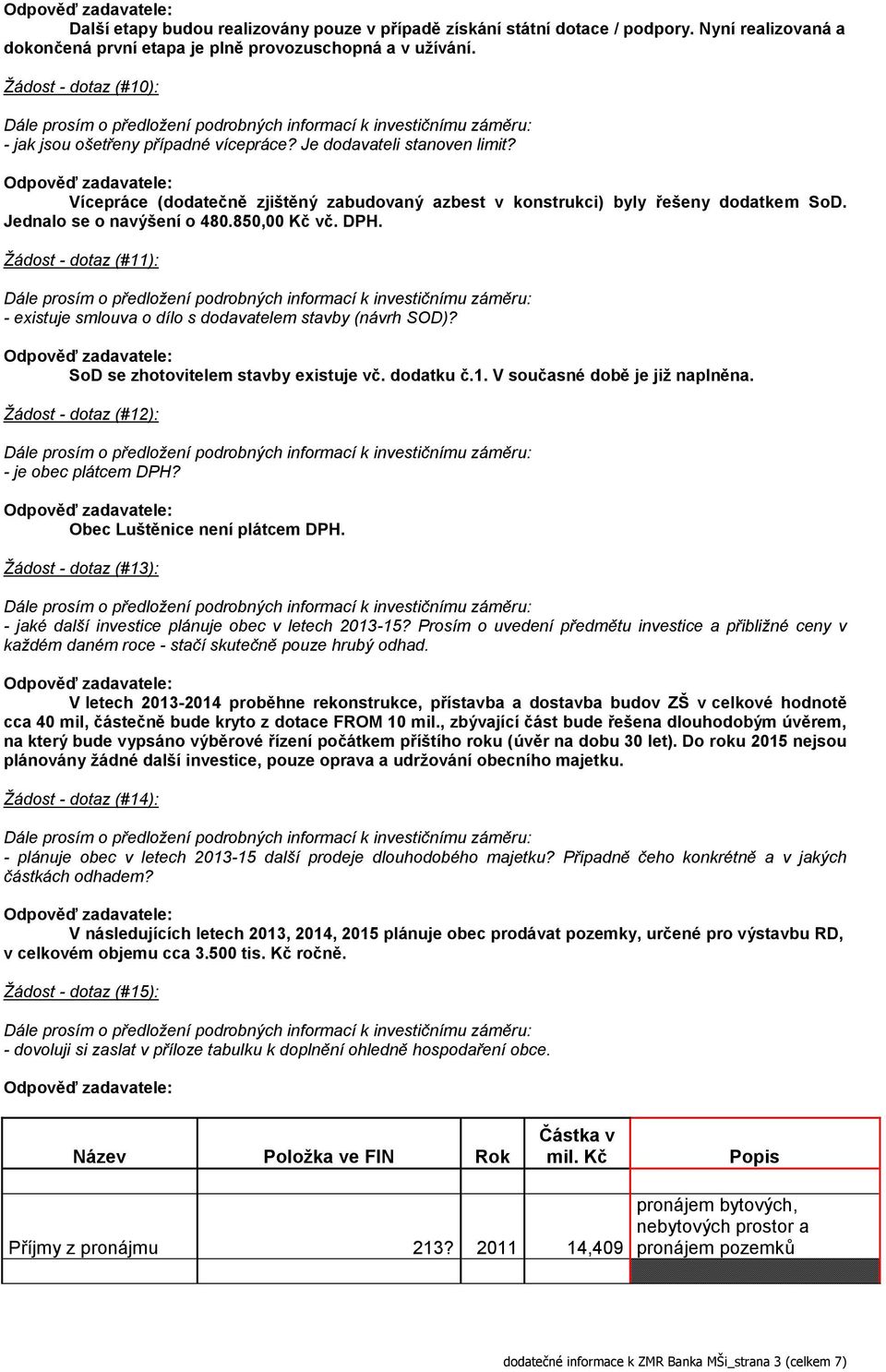 Jednalo se o navýšení o 480.850,00 Kč vč. DPH. Žádost - dotaz (#11): - existuje smlouva o dílo s dodavatelem stavby (návrh SOD)? SoD se zhotovitelem stavby existuje vč. dodatku č.1. V současné době je již naplněna.