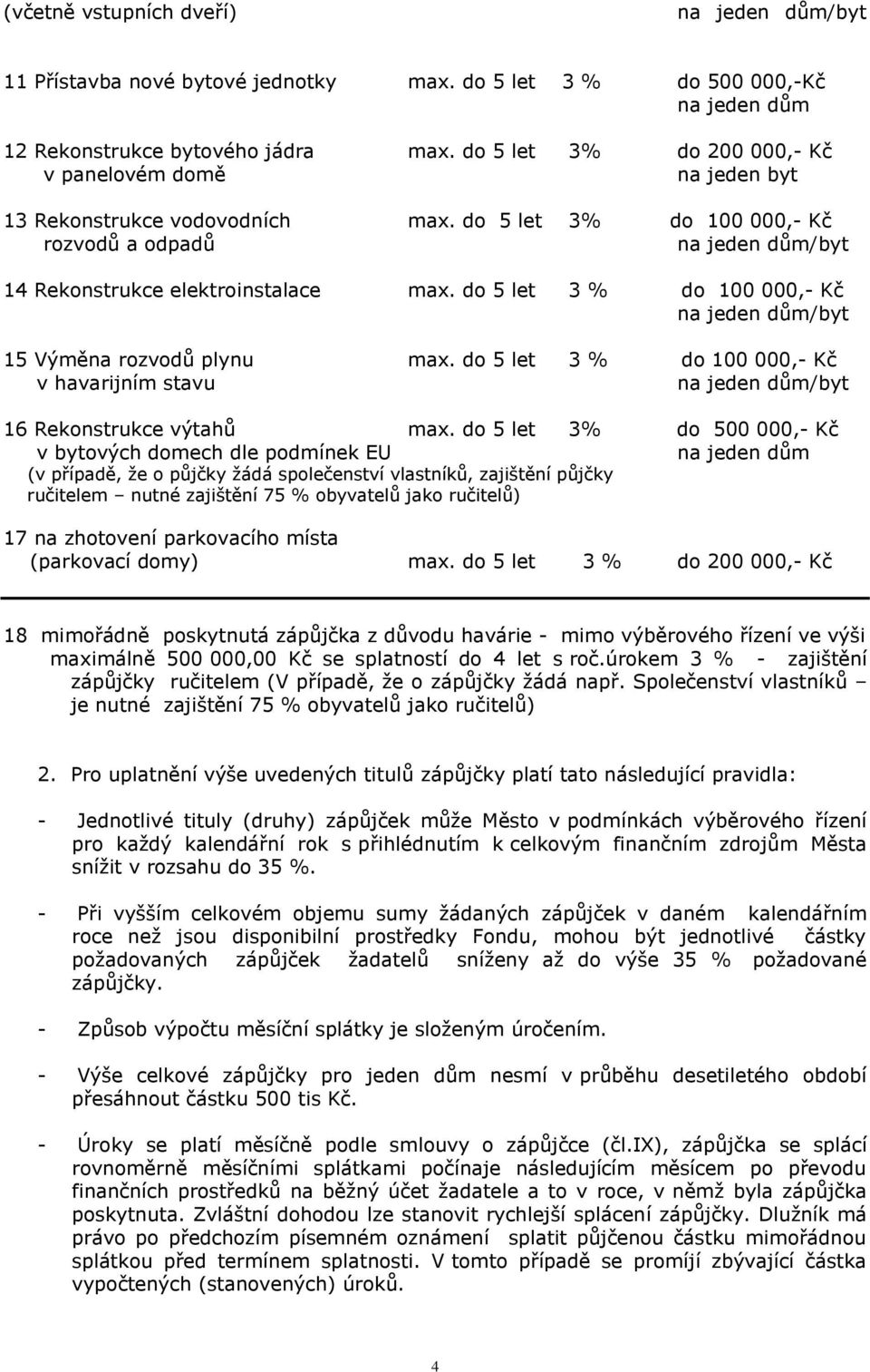 do 5 let 3 % do 100 000,- Kč 15 Výměna rozvodů plynu max. do 5 let 3 % do 100 000,- Kč v havarijním stavu 16 Rekonstrukce výtahů max.