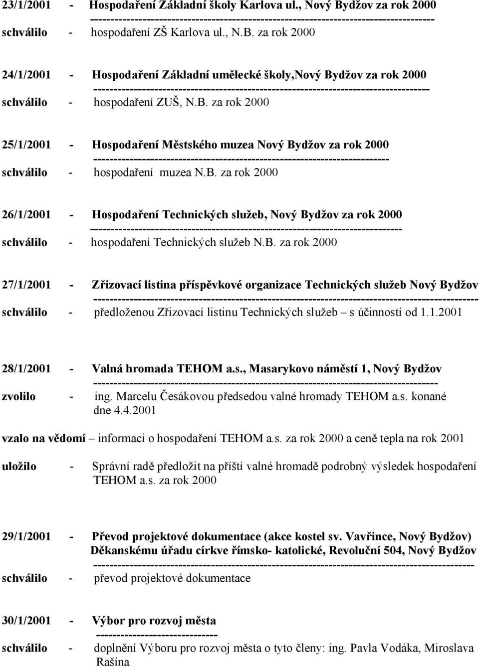 za rok 2000 24/1/2001 - Hospodaření Základní umělecké školy,nový Bydžov za rok 2000 ----------------------------------------------------------------------------------- schválilo - hospodaření ZUŠ za