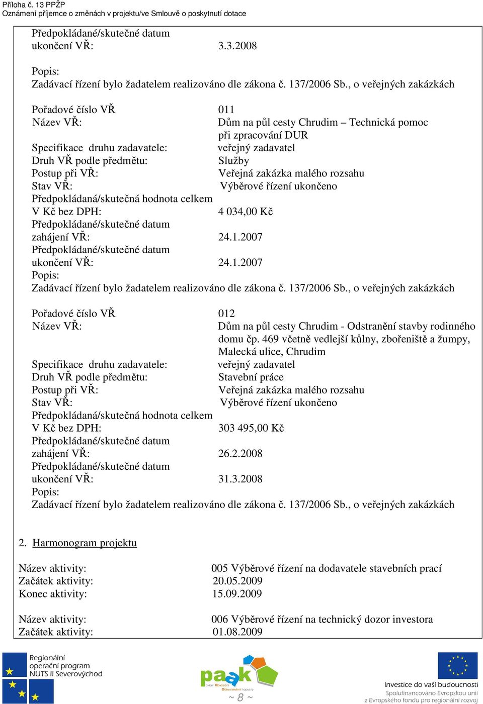 137/2006 Sb., o veřejných zakázkách Pořadové číslo VŘ 012 Dům na půl cesty Chrudim - Odstranění stavby rodinného domu čp.
