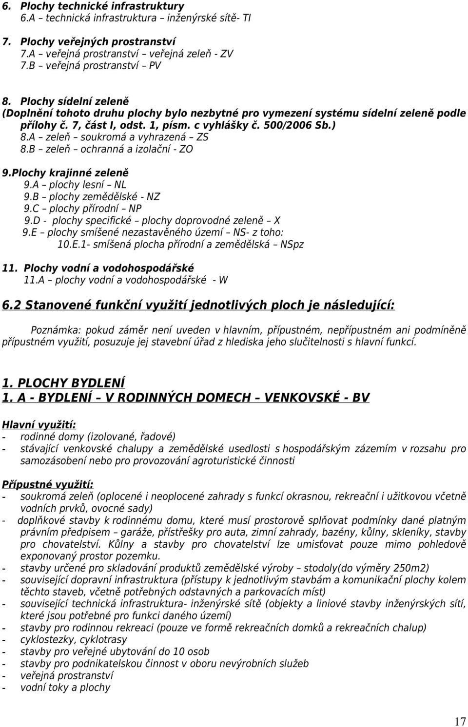 A zeleň soukromá a vyhrazená ZS 8.B zeleň ochranná a izolační ZO 9.Plochy krajinné zeleně 9.A plochy lesní NL 9.B plochy zemědělské NZ 9.C plochy přírodní NP 9.