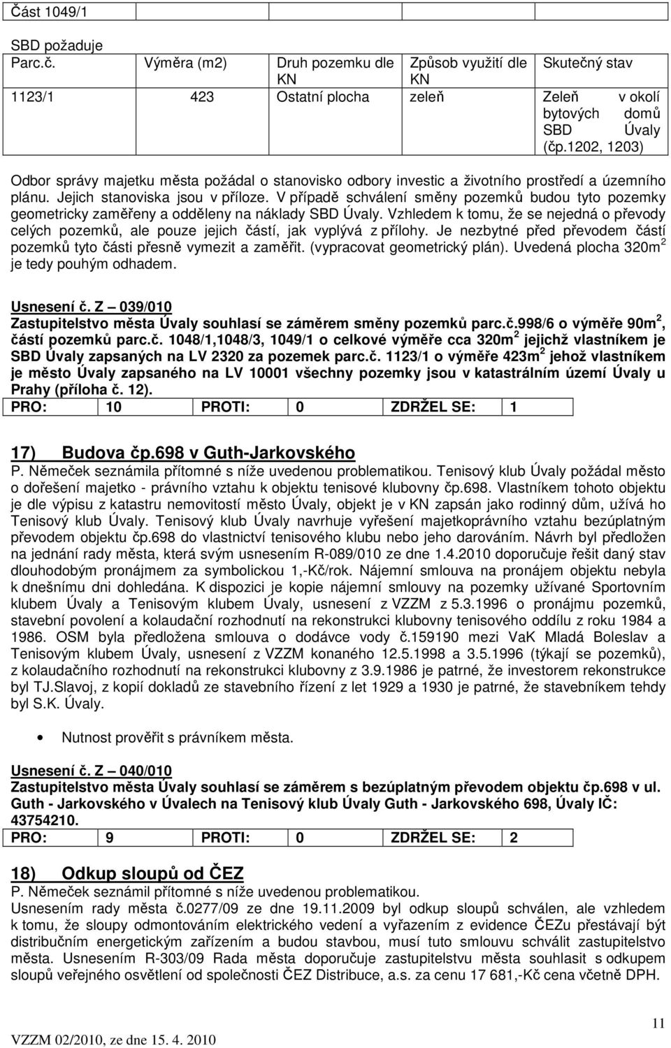 V případě schválení směny pozemků budou tyto pozemky geometricky zaměřeny a odděleny na náklady SBD Úvaly.