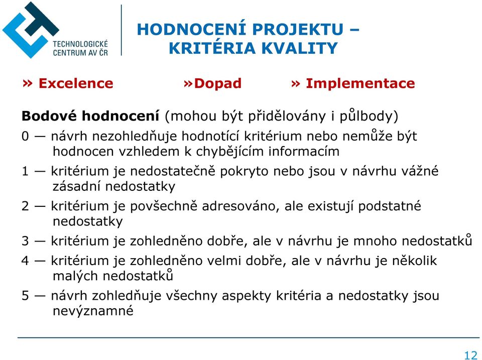 nedostatky 2 kritérium je povšechně adresováno, ale existují podstatné nedostatky 3 kritérium je zohledněno dobře, ale v návrhu je mnoho nedostatků