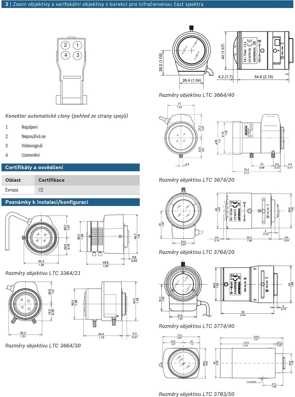 instalaci/konfigraci 2.6 0.97 3.6 0.1 50.3 1.98 0.16 8.6 0.3 Rozměry objektiv LTC 376/20 0. 1.59 Rozměry objektiv LTC 336/21 31.8 1.25 62 2. 0.16 Rozměry objektiv LTC 377/0 38.