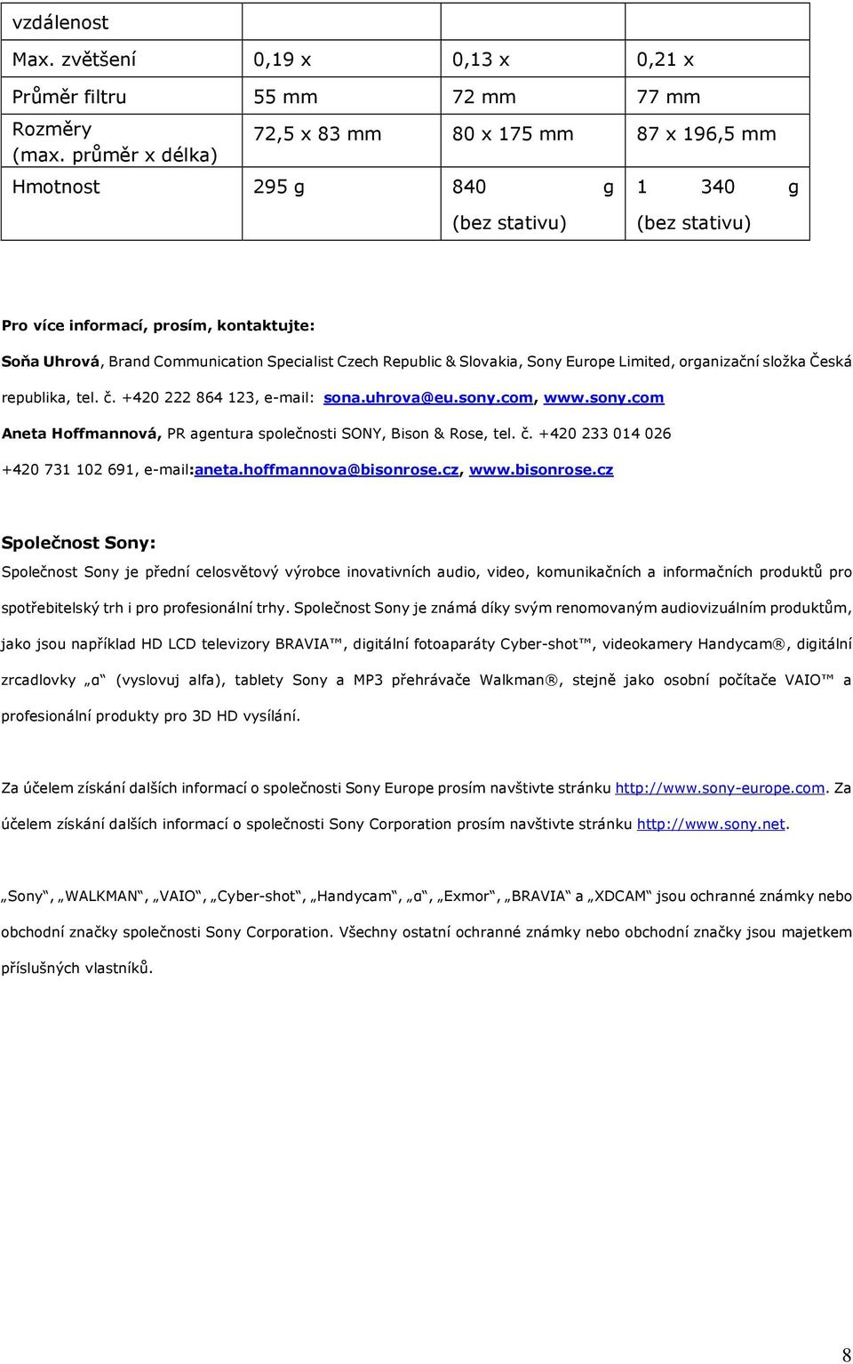 Czech Republic & Slovakia, Sony Europe Limited, organizační složka Česká republika, tel. č. +420 222 864 123, e-mail: sona.uhrova@eu.sony.