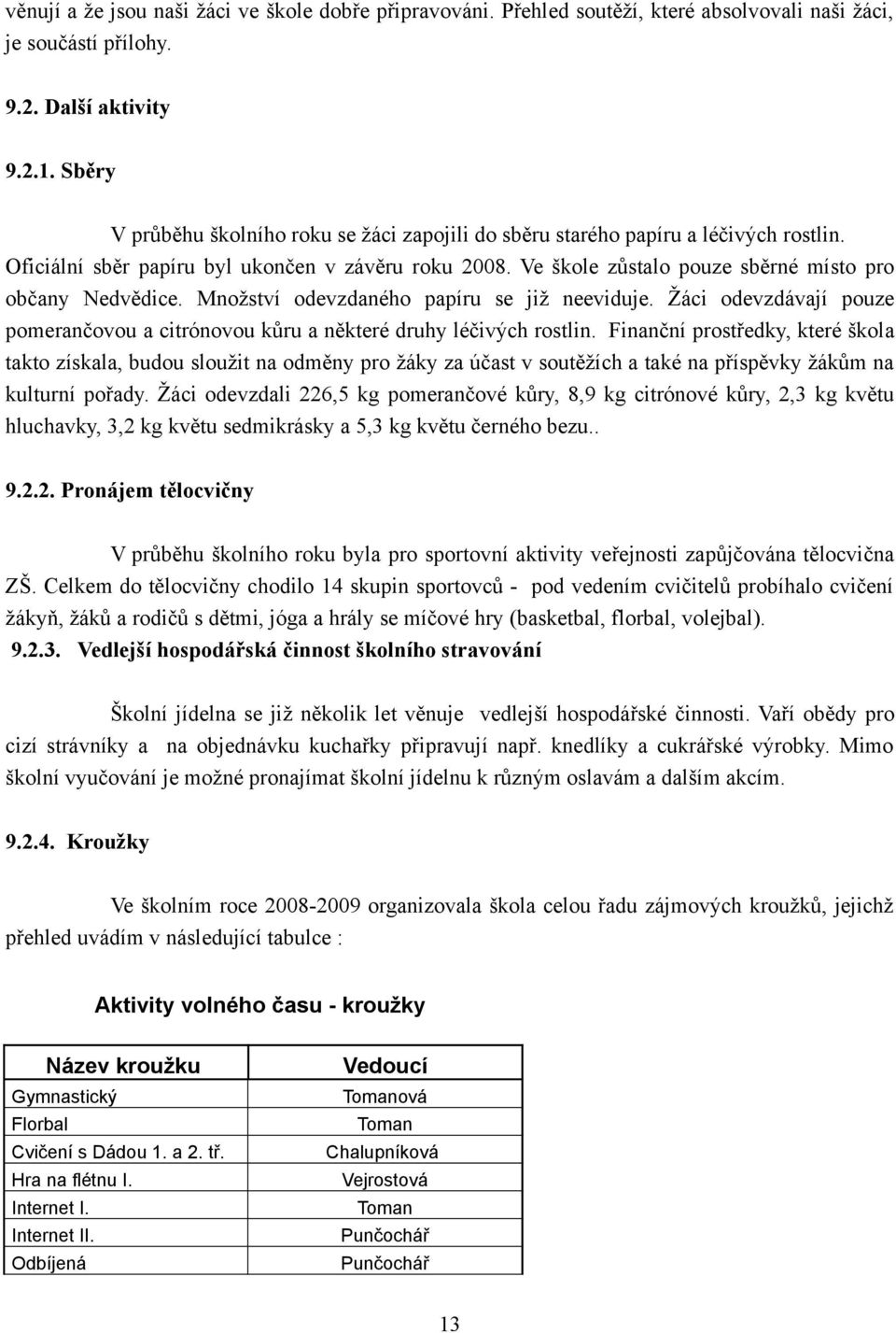 Ve škole zůstalo pouze sběrné místo pro občany Nedvědice. Množství odevzdaného papíru se již neeviduje. Žáci odevzdávají pouze pomerančovou a citrónovou kůru a některé druhy léčivých rostlin.