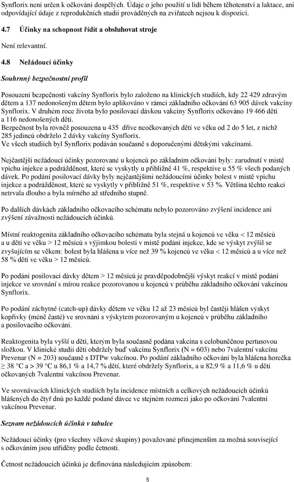 8 Nežádoucí účinky Souhrnný bezpečnostní profil Posouzení bezpečnosti vakcíny Synflorix bylo založeno na klinických studiích, kdy 22 429 zdravým dětem a 137 nedonošeným dětem bylo aplikováno v rámci