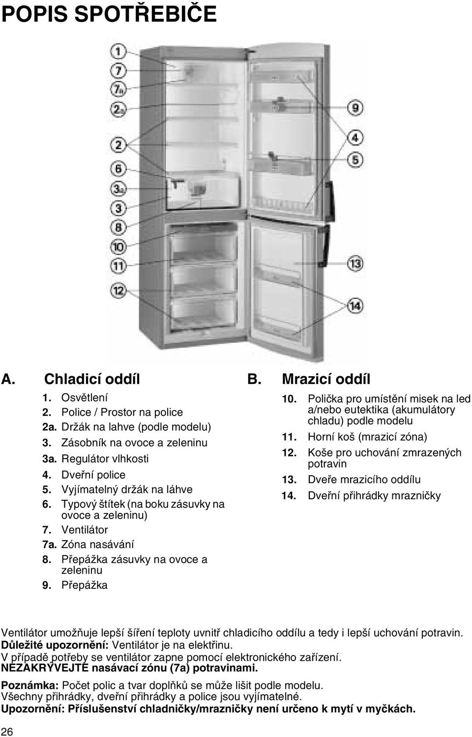 Polièka pro umístìní misek na led a/nebo eutektika (akumulátory chladu) podle modelu 11. Horní koš (mrazicí zóna) 12. Koše pro uchování zmrazených potravin 13. Dveøe mrazicího oddílu 14.