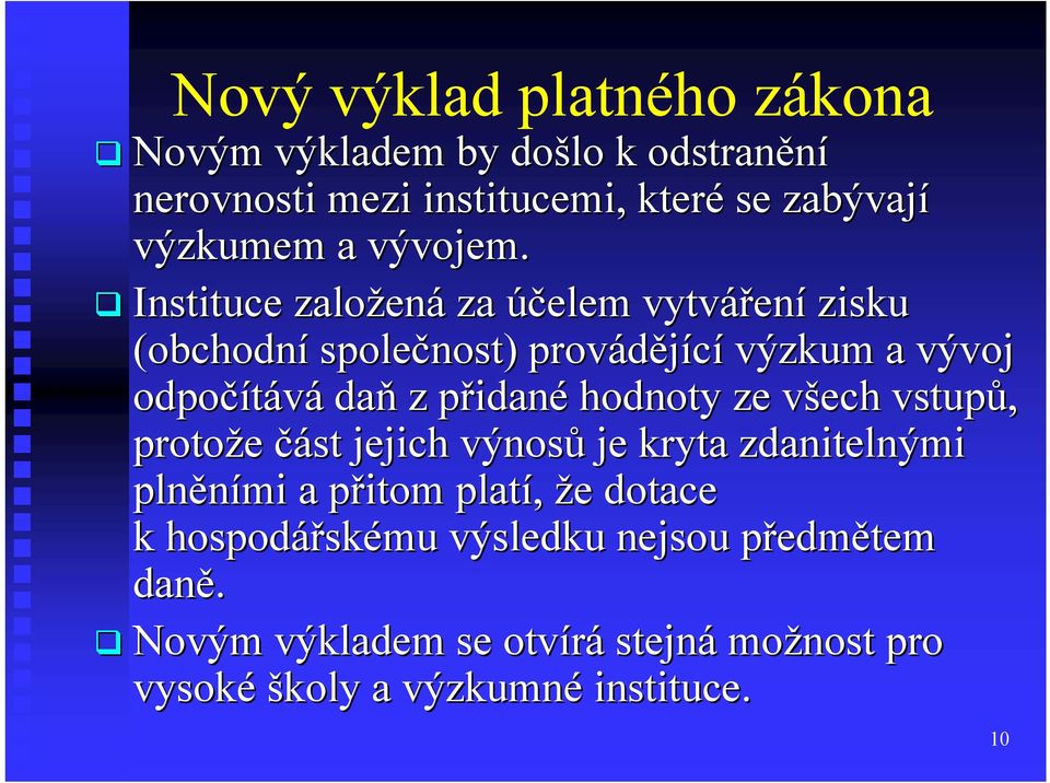 Instituce založen ená za účelem vytvářen ení zisku (obchodní společnost) provádějící výzkum a vývoj odpočítává daň z přidané