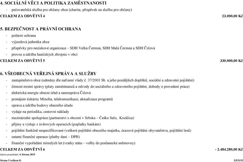 obci CELKEM ZA ODVĚTVÍ 5 330.000,00 Kč 6. VŠEOBECNÁ VEŘEJNÁ SPRÁVA A SLUŽBY - zastupitelstvo obce (odměny dle nařízení vlády č. 37/2003 Sb.