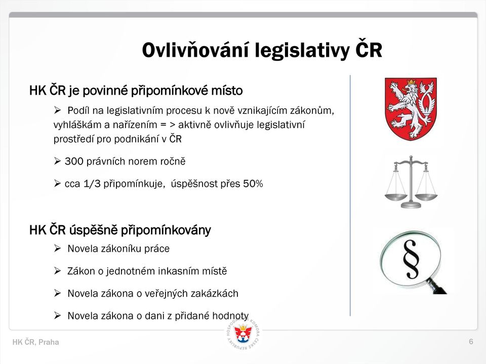 300 právních norem ročně cca 1/3 připomínkuje, úspěšnost přes 50% HK ČR úspěšně připomínkovány Novela