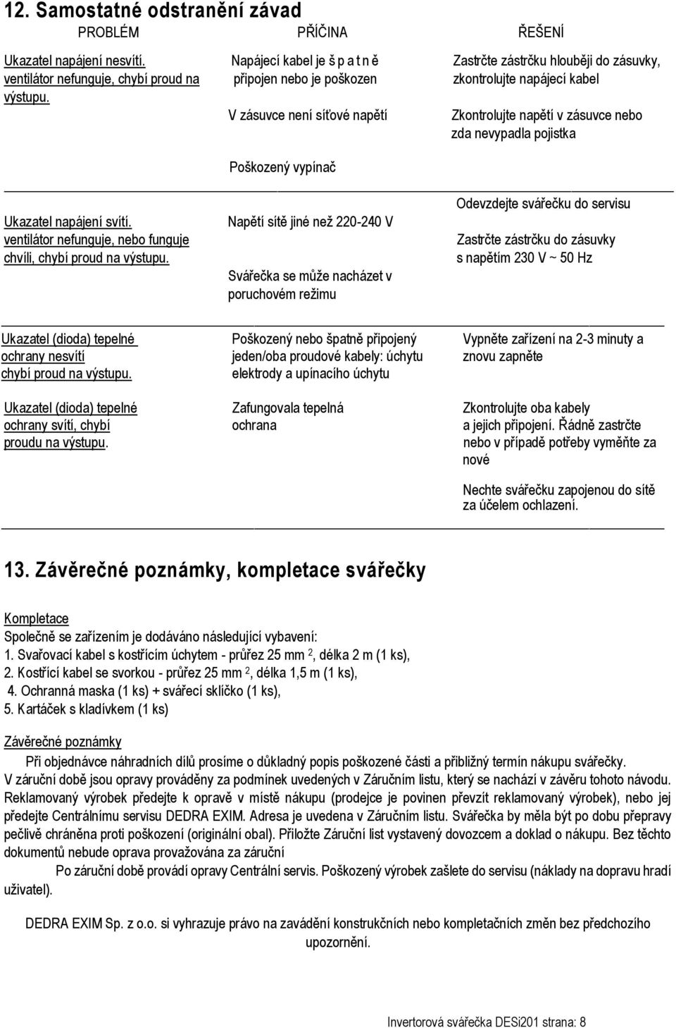 V zásuvce není síťové napětí Zkontrolujte napětí v zásuvce nebo zda nevypadla pojistka Poškozený vypínač Odevzdejte svářečku do servisu Ukazatel napájení svítí.