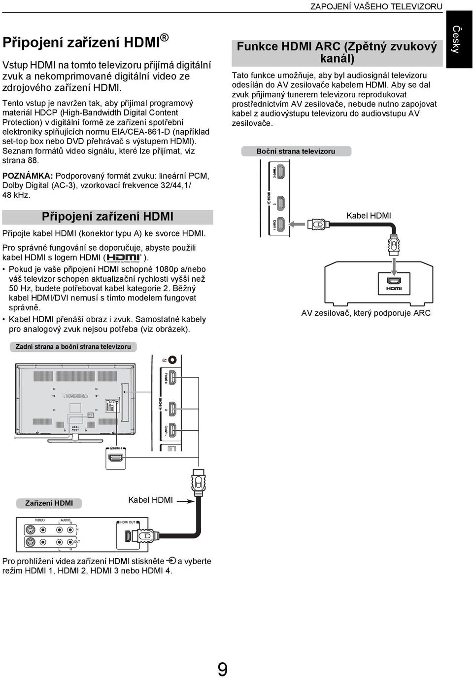 DVD přehrávč s výstupem HDMI). Seznm formátů vieo signálu, které lze přijímt, viz strn 88. POZNÁMKA: Poporovný formát zvuku: lineární PCM, Doly Digitl (AC-3), vzorkoví frekvene 32/44,1/ 48 khz.