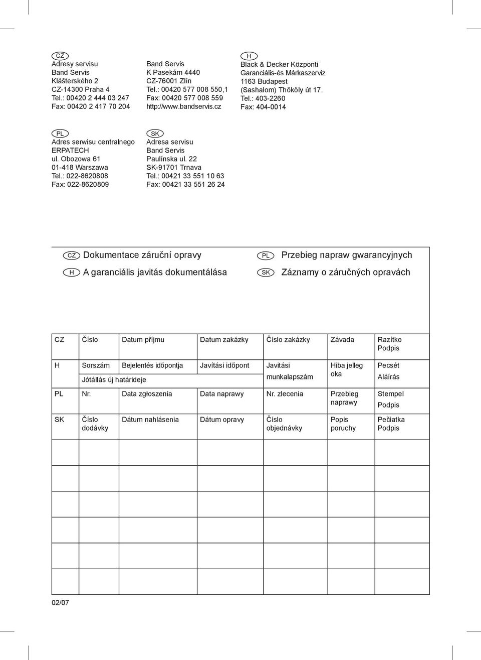 : 403-2260 Fax: 404-0014 PL Adres serwisu centralnego ERPATECH ul. Obozowa 61 01-418 Warszawa Tel.: 022-8620808 Fax: 022-8620809 SK Adresa servisu Band Servis Paulínska ul. 22 SK-91701 Trnava Tel.