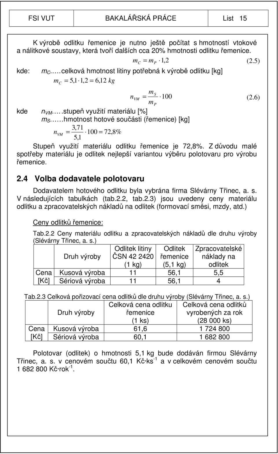 .stupeň využití materiálu [%] m S hmotnost hotové součásti (řemenice) [kg] 3,71 n VM = 100 = 72,8% 5,1 Stupeň využití materiálu odlitku řemenice je 72,8%.