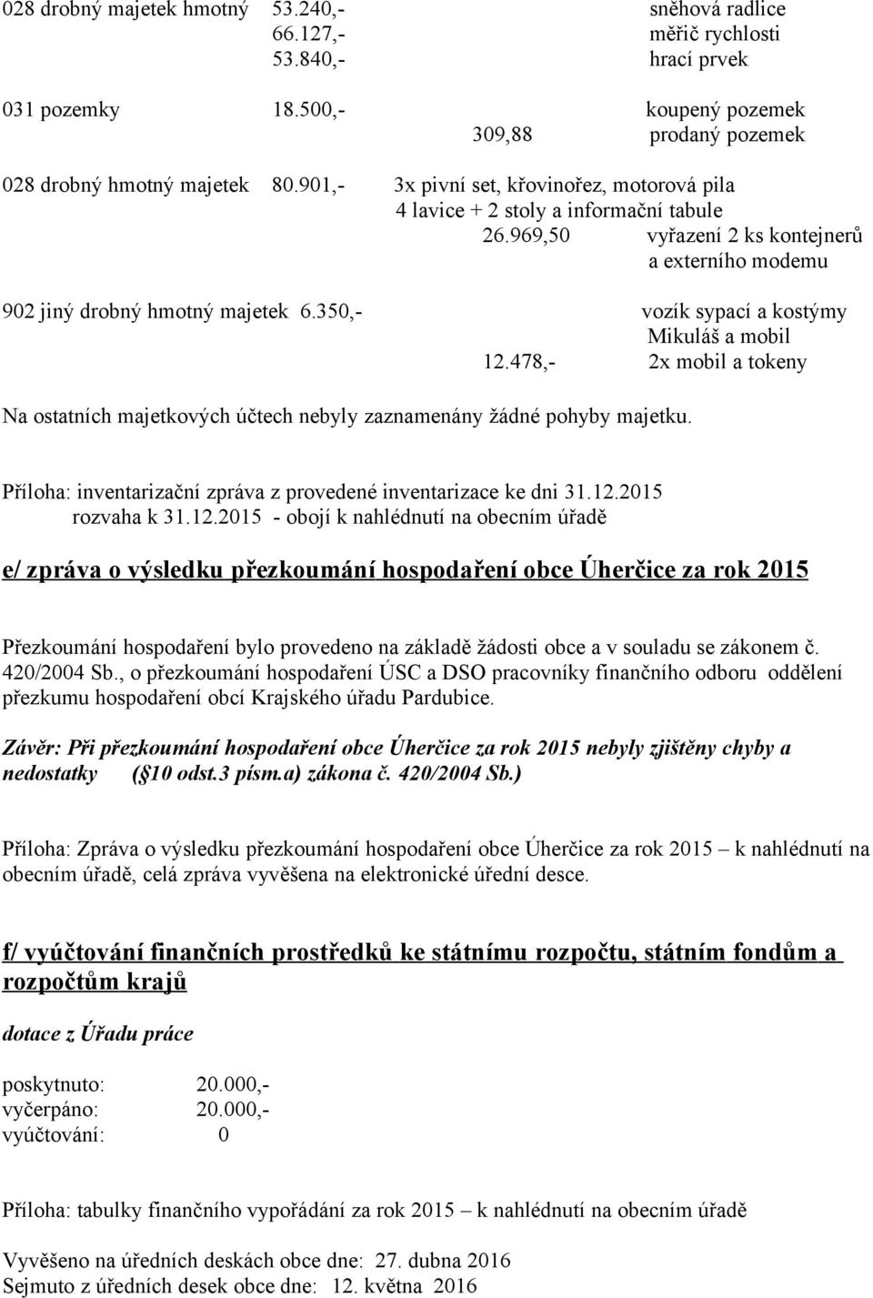 350,- vozík sypací a kostýmy Mikuláš a mobil 12.478,- 2x mobil a tokeny Na ostatních majetkových účtech nebyly zaznamenány žádné pohyby majetku.