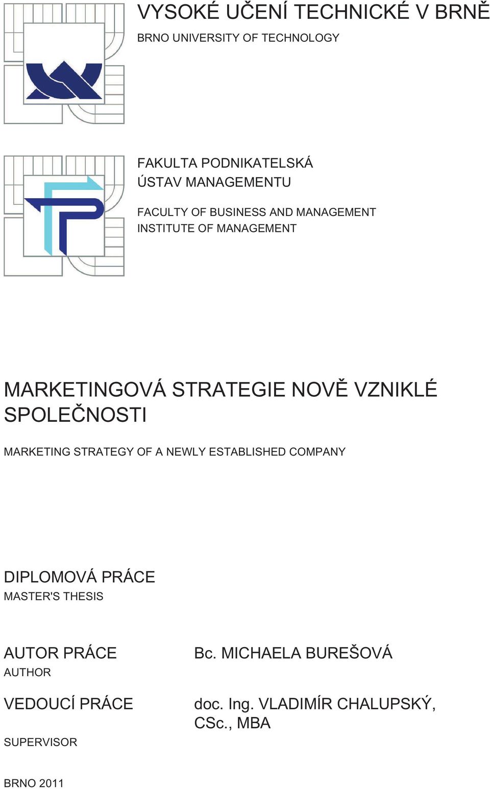 SPOLEČNOSTI MARKETING STRATEGY OF A NEWLY ESTABLISHED COMPANY DIPLOMOVÁ PRÁCE MASTER'S THESIS AUTOR